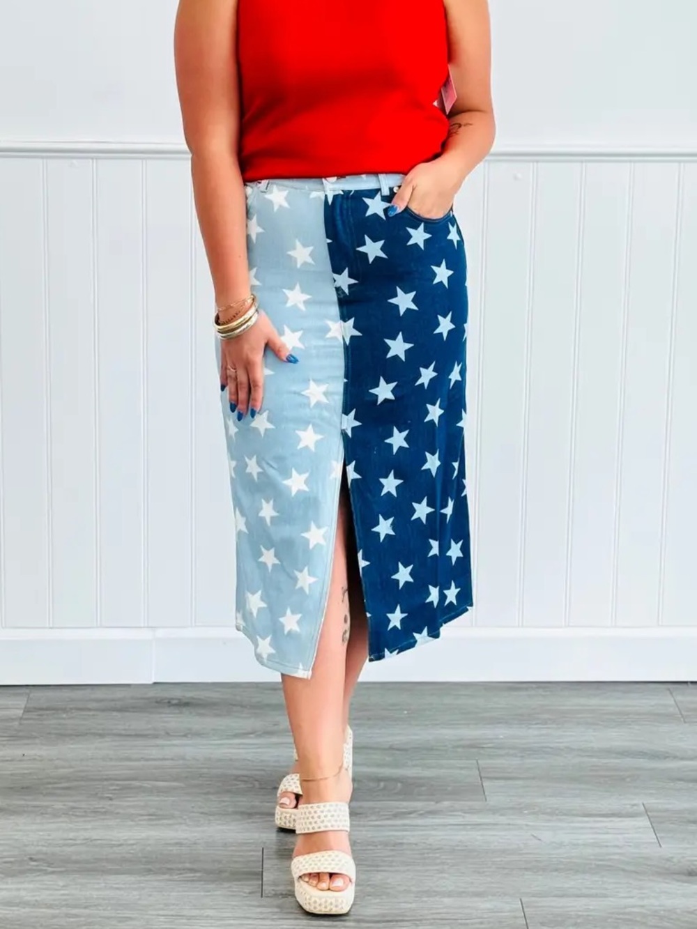 Oddi Split Stars Denim Midi Skirt Americana Patriotic Western Party Rodeo 2X